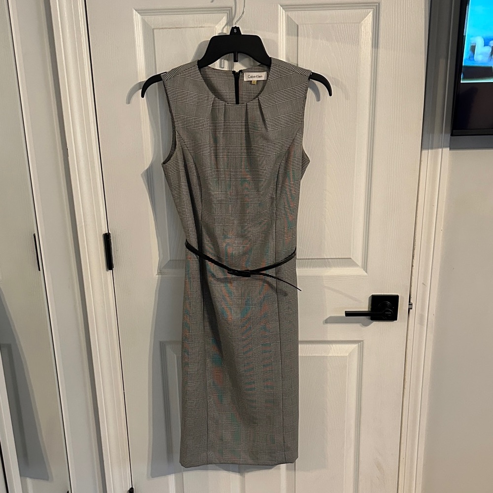 Calvin Klein Grey Plaid Sleeveless Sheath Dress with Black Belt